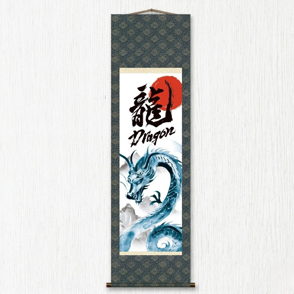 Japanischer Drachen-Kakemono-Wandbehang – Blauer aufsteigender Drache