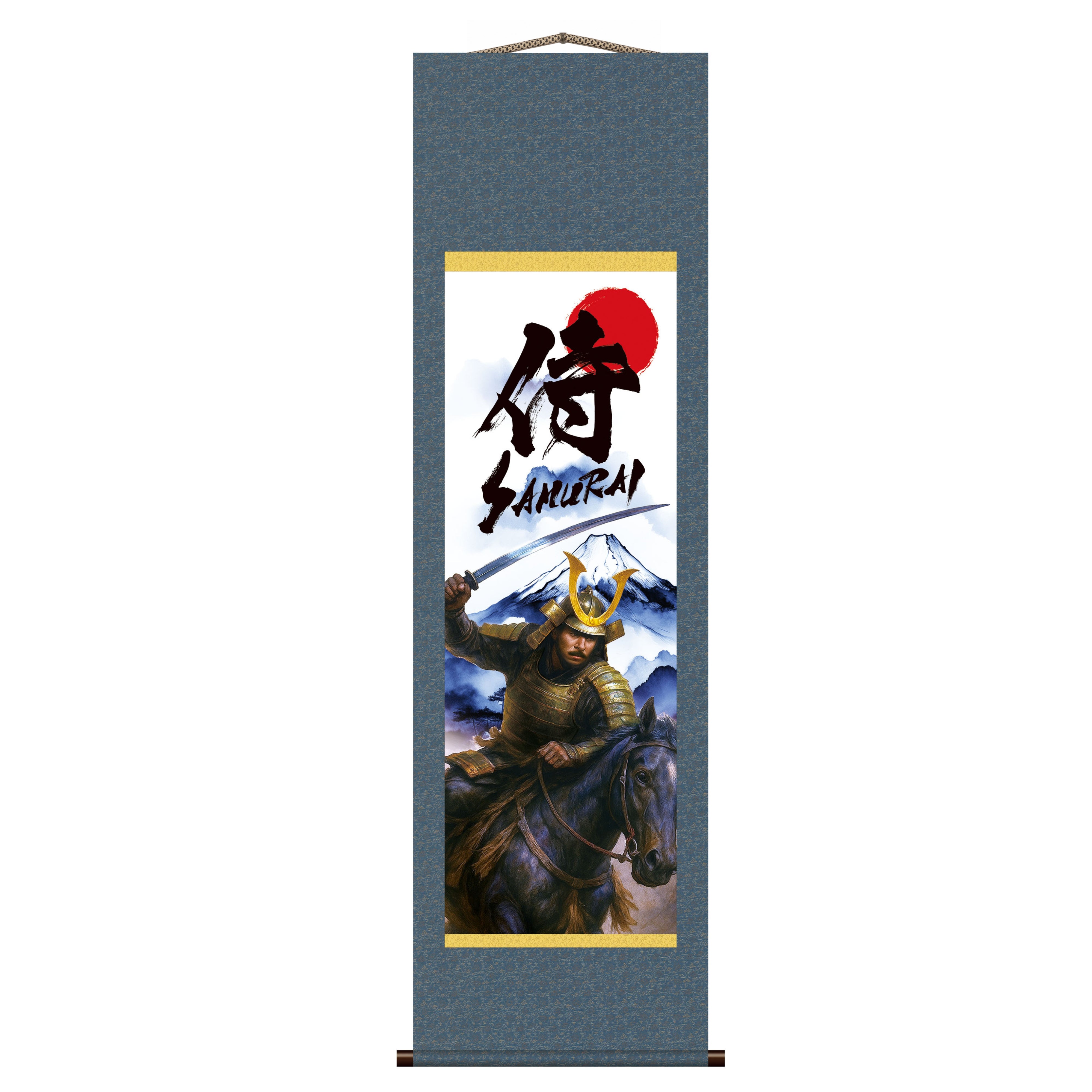 Japanese Samurai Kakemono Wall Scroll – Mounted Samurai with Sword and Mount Fuji