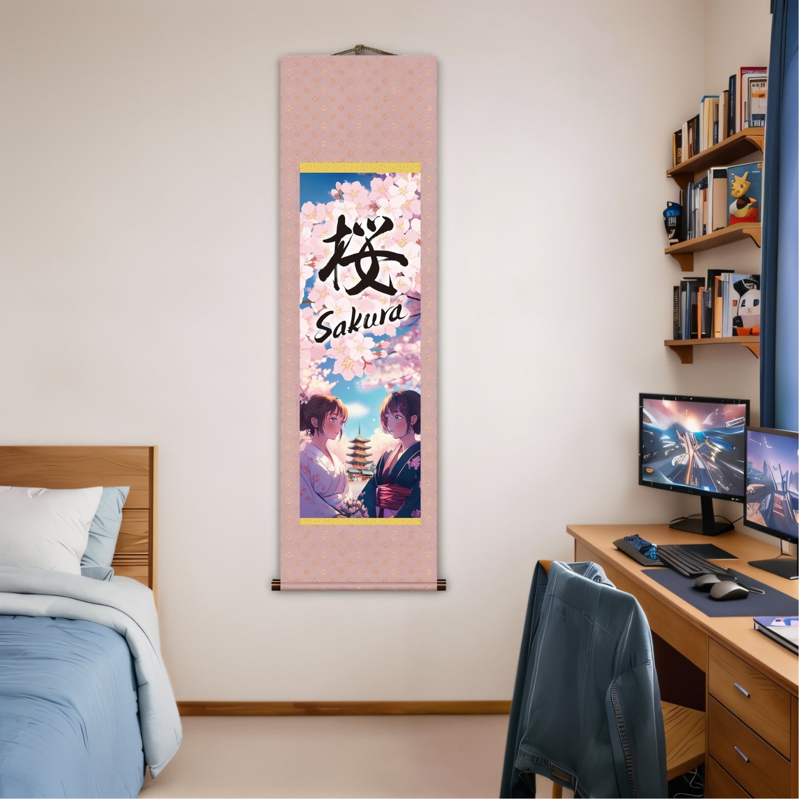 Japanischer Anime Sakura Kakemono Wandrolle – Kimono-Frauen mit Pagode 