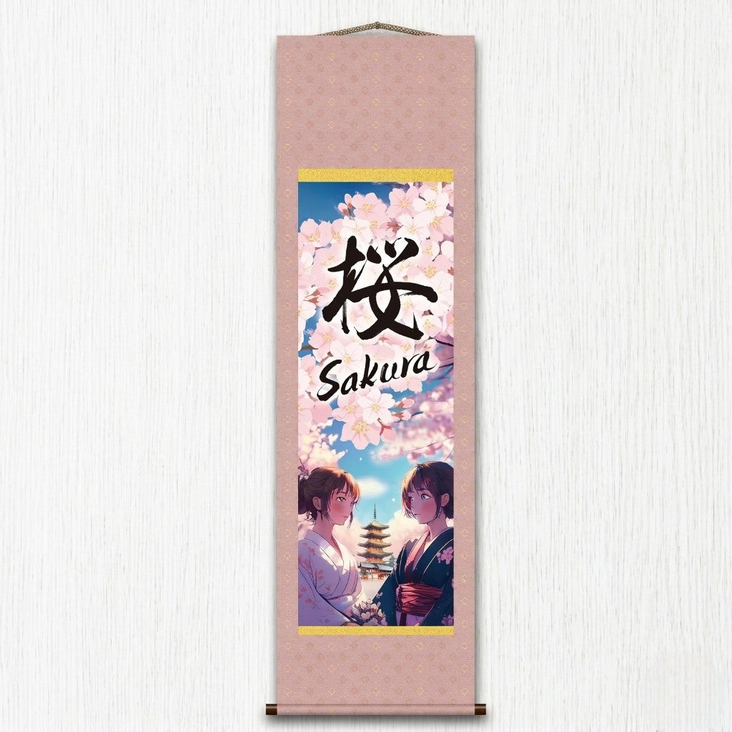 Japanisches Anime Sakura Kakemono Wandscroll – Kimono Frauen mit Pagode 